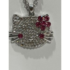 Hello Kitty Necklace Silver Rhinestone‎ Pendant Pink Bow Y2K Kawaii